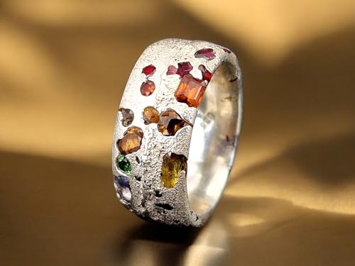 LeoLars-PABE Bunter Sandguss Chaos Design Ring, Nr.132, Größe 53(17), aus 925er Silber mit echten eingegossenen Saphiren, massiv, Sandguss Oberflächen Struktur, Handarbeit, Unikat