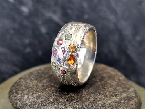 LeoLars-PABE Kräuterblätter Design 420 Ring aus 925er Silber, Größe 58 (18,5), verschiedenfarbige eingeriebene Saphiren, Massiv, Unikat, liebevolle Handarbeit, Maße Ring. 25mm x 24,5mm x 10mm
