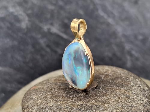 LeoLars-PABE Lightning Ridge Opal Anhänger aus 585er Gelbgold, Opal - Semi Chrystal mit blau-grünem Opalfeuer, 18,2x14,2mm, beidseitig, Unikat, Handarbeit