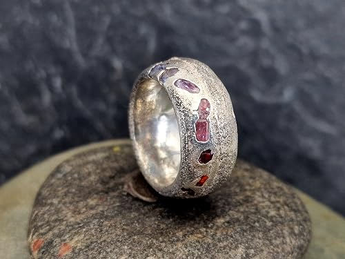 LeoLars-PABE Sandguss Chaos Design Ring, Gr.55 (17,5), aus 925er Silber mit echten eingegossenen verschieden farbigen Saphiren, Sandguss typische Oberflächen Struktur, Nr.142, Unikat, Handarbeit