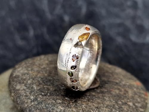 LeoLars-PABE Chaos Sandguss Design Ring, Größe 52 (16,7), aus 925er Silber mit echten verschiedenen farbigen Saphiren und teils typischer Sandguss Oberflächen Struktur Nr. 130, Unikat, Handarbeit