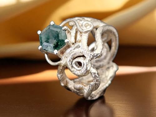 LeoLars-PABE Moosachat Ring im Krakendesign aus 925er Silber, Gr. 63-64 (20,3), Moosachat mit schönem Innenleben, facettiert mit Stotzenfassung, Unikat, Handarbeit