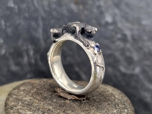 LeoLars-PABE Raubkatzen Design Ring, Gr. 59 (18,7), aus 925er Silber mit einem rund facettiertem blauen Saphir, teilgeschwärzt, Unikat, Handarbeit