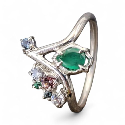 LeoLars-PABE Edelstein Prinzessinen Design Ring, Größe 60 (19,2) aus 925er Silber mit Smaragd Tropfen, Bergkristall, Granat und Kornerrupien, verspielt, Unikat, Handarbeit