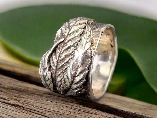 LeoLars-PABE Kräuterblätter Design Ring 420 aus 925er Silber, echte Kräuter und Bambusblattstruktur auf dem Ring, Unikat, Handarbeit Größe: 62-63 (20)