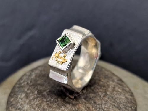 LeoLars-PABE Grüner Turmalin Design Ring, Gr. 54 (17,2), aus 925er Silber, spezielle Außenform, teil gebürstet, mit Feingold Element, Unikat, Handarbeit