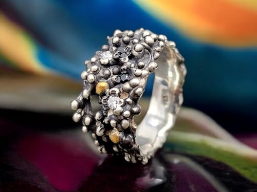 LeoLars-PABE Diamant und Spinell Design Ring aus 925er Silber mit Feingold Nuggets, zwei weiße Diamanten, 3 schwarze Spilelle, Bubble Design, Größe: 63 (20), Unisex, Unikat, Handarbeit