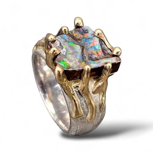 LeoLars-PABE Organischer Boulder Opal Ring, Gr. 57 (18,2), Bicolor, Ring eismattiert 925er Silber, Fassung 585er Gelbgold, Opal Multicolor ca. 12,5x12,5mm, Unikat, Handarbeit