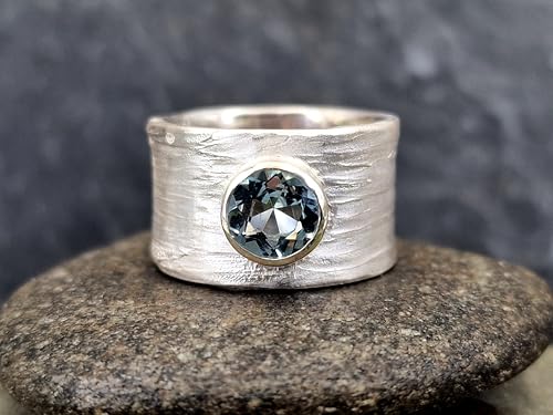 LeoLars-PABE Kräuter 420 Design Ring aus 925er Silber, mit blauem Aquamarin und echter Pflanzen Struktur, Größe 58 (18,5), Unikat, Handarbeit