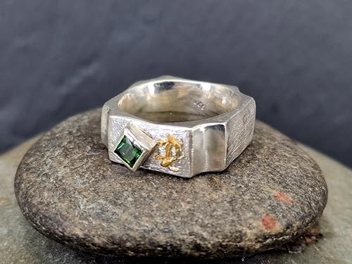 LeoLars-PABE Grüner Turmalin Design Ring, Gr. 54 (17,2), aus 925er Silber, spezielle Außenform, teil gebürstet, mit Feingold Element, Unikat, Handarbeit
