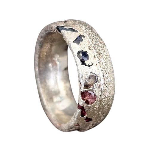 LeoLars-PABE Chaos Design Sandguss Ring aus 925er Silber, Gr.56 (18), mit eingegossenen zur Jeans passenden echten Saphiren, Sandguss typische Oberflächen Struktur, Nr.143, Unikat, Handarbeit