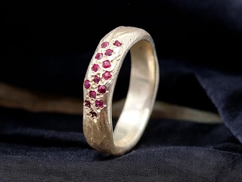 LeoLars-PABE Rubin Design Ring in Rindenoptik aus 925er Silber Gr. 56 (18) mit14 eingeriebenen Rubinen, Unikat, Handarbeit