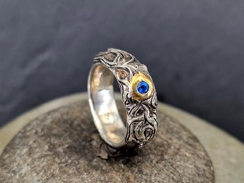 LeoLars-PABE Hauyn Design Ring aus 925er Silbermit Feingold Fassung, verschnörkeltes verspieltes Design, Gr. 53 (17), teilgeschwärzt, Hauyn d 2mm, Unikat, Handarbeit