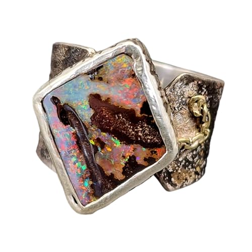 LeoLars-PABE Multicolor Boulder Opal Ring, Gr.60-61 (19,2), Antikes Design, teilgeschwärzt, Goldelement, Opal 18x14,8mm, Unikat, Handarbeit