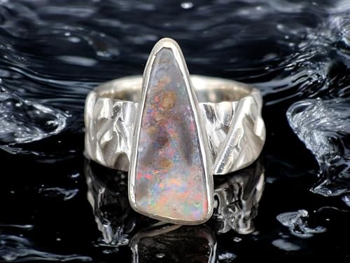 LeoLars-PABE Boulder Opal Design Ring aus 925er Silber, grobe Design Ring Struktur, massiv, Opal mit grauer gemeiner Opalschicht mit tollem mehrfarbigen Opalfeuer, Größe: 54 (17,2), Unikat Handarbeit