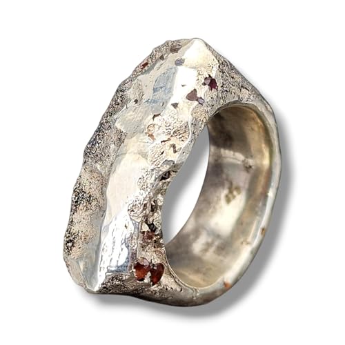 LeoLars-PABE Massiver Sandguss Design Ring aus 925er Silber, teils poliert, Gr.58 (18,5), mit hauptsächlich seitlich eingegossenen Edelsteinen, Unikat, Handarbeit, Nr. 152