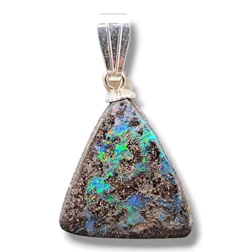 LeoLars-PABE Anhänger mit Boulder Opal und 925er Silberstiftöse, grün-blaues Opalfeuer, an der Spitze mehrfarbiges Opalfeuer, Opalgröße: 17mm x 16,2mm x 4,4mm, Unikat, Handgeschliffen