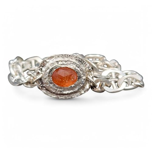 LeoLars-PABE Sonnenstein Design Armband aus 925er Silber, Sonnenstein im Rosenschliff mit Zargenfassung, Panzerarmband 20cm lang, Unikat, Handarbeit
