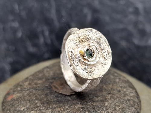 LeoLars-PABE Grob geschmiedeter Parti Saphir Design Ring, Gr. 56 (18), aus 925er Silber und kleinem Goldakzent, organisch wild, Unikat, Handarbeit