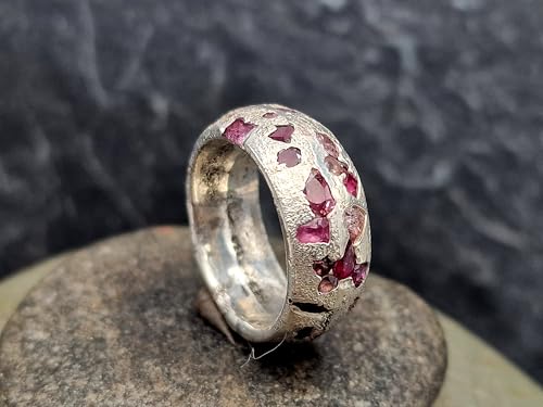 LeoLars-PABE Chaos Sandguss Design Ring aus 925er Silber, mit echten eingegossenen rosa Saphir und rotem Rubin, Nr.120, Größe: 59 (18,7), Unikat, Handarbeit