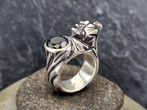 LeoLars-PABE massiver organischer Turmalin Design Ring aus 925er Silber, dunkelgrüner Turmalin, organisch gewachsen und steinernes Design, Größe: 57 (18,2), Unikat, Handarbeit