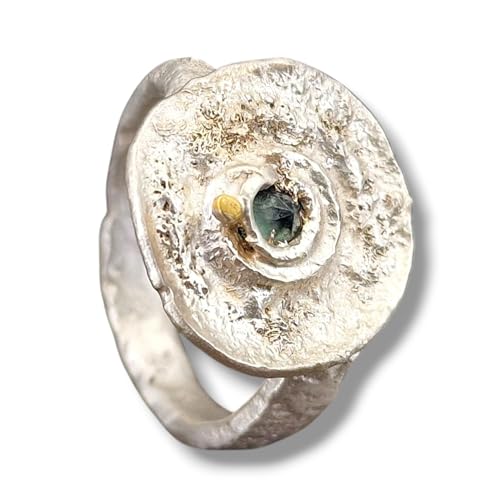 LeoLars-PABE Grob geschmiedeter Parti Saphir Design Ring, Gr. 56 (18), aus 925er Silber und kleinem Goldakzent, organisch wild, Unikat, Handarbeit