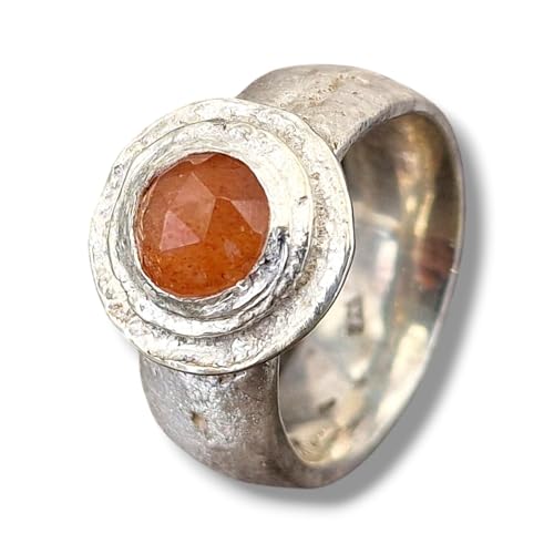 LeoLars-PABE Sonnenstein Sandguss Design Ring aus 925er Silber, Sandguss Struktur, Sonnenstein im Rosenschliff, Gr. 59/60 (19), Unikat, Handarbeit