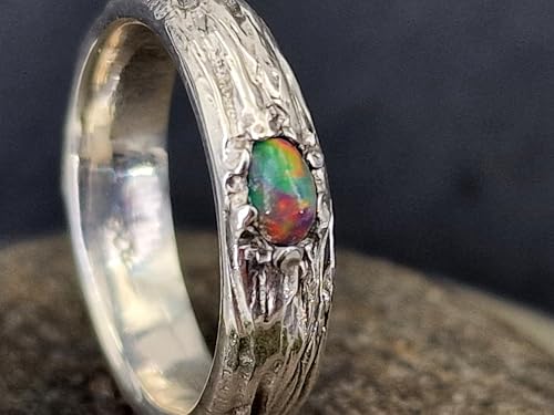 LeoLars-PABE Lightning Ridge Multicolor Opal Ring, Gr. 56 (18), aus 925er Silber im Wurzeldesign, Opal mit intensiven Farben, 5x3mm, Unikat, Handarbeit