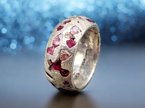 LeoLars-PABE Chaos Sandguss Design Ring aus 925er Silber, mit echten eingegossenen rosa Saphir und rotem Rubin, Nr.120, Größe: 59 (18,7), Unikat, Handarbeit