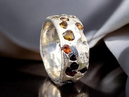 LeoLars-PABE Sandguss Chaos Blubber Design Ring aus 925er Silber, Größe 61 (19,5), mit echten verschieden farbigen eingegossenen Saphiren, Sandguss Struktur, Nr.139, Unikat, Handarbeit, Unisex