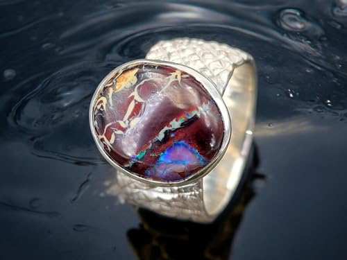 LeoLars-PABE 925er Silber Design Ring mit Boulder Opal, Opal mit tollem Muster und partiell blauem Opalfeuer, wilde Oberflächen Struktur, massiv, Ringgröße: 59 (18,7), Unikat, Handarbeit
