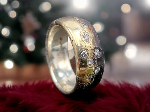 LeoLars-PABE Diamant Sandguss Bicolor Design Ring, aus 925er Silber und 585er Gelbgold, 7 echte Diamanten, teilgeschwärzt, Größe 56 (18), Unikat, Handarbeit