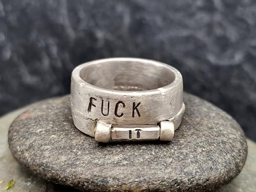 LeoLars-PABE Sprüche Design Sandguss Ring mit Stift zum drehen für den passenden Spruch, aus 925er Silber, Größe 60/61 (19,2), Unikat, Handarbeit, Unisex
