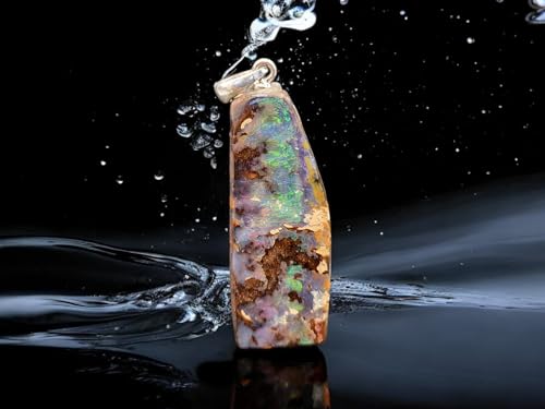 LeoLars-PABE Anhänger mit Boulder Opal und 925er Silber Stiftöse, Picture Stone, mehrfarbiges Opalfeuer mit viel grün, Opal 33 x 13 x 5,4mm, Unikat, Handgeschliffen