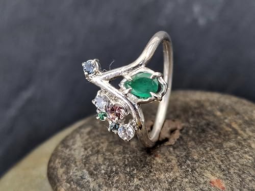 LeoLars-PABE Edelstein Prinzessinen Design Ring, Größe 60 (19,2) aus 925er Silber mit Smaragd Tropfen, Bergkristall, Granat und Kornerrupien, verspielt, Unikat, Handarbeit