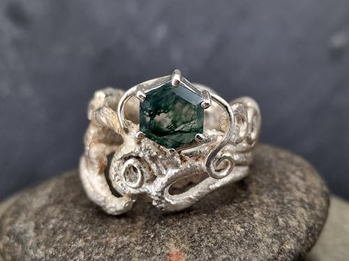LeoLars-PABE Moosachat Ring im Krakendesign aus 925er Silber, Gr. 63-64 (20,3), Moosachat mit schönem Innenleben, facettiert mit Stotzenfassung, Unikat, Handarbeit