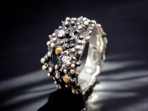 LeoLars-PABE Diamant und Spinell Design Ring aus 925er Silber mit Feingold Nuggets, zwei weiße Diamanten, 3 schwarze Spilelle, Bubble Design, Größe: 63 (20), Unisex, Unikat, Handarbeit