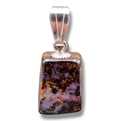 Picture Stone Boulder Opal Anhänger mit 925er Silber Stiftöse, kleines Universum mit Opalfeuer Pinfire in grau, orange, gelb und rot, Anhängermaße: 16mm x 9,6mm x 6,6mm, Unikat, Handgeschliffen