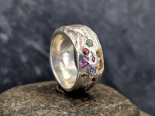 LeoLars-PABE Kräuterblätter Design 420 Ring aus 925er Silber, Größe 58 (18,5), verschiedenfarbige eingeriebene Saphiren, Massiv, Unikat, liebevolle Handarbeit, Maße Ring. 25mm x 24,5mm x 10mm
