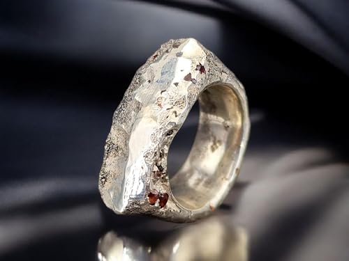LeoLars-PABE Massiver Sandguss Design Ring aus 925er Silber, teils poliert, Gr.58 (18,5), mit hauptsächlich seitlich eingegossenen Edelsteinen, Unikat, Handarbeit, Nr. 152