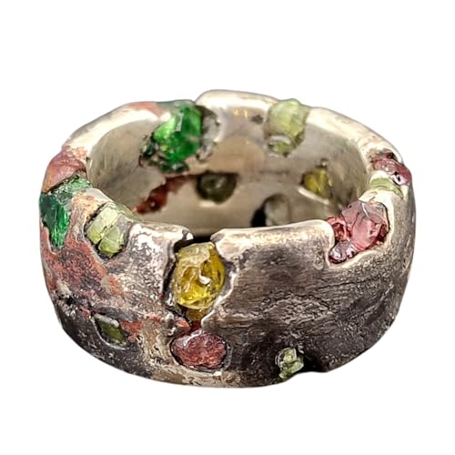 LeoLars-PABE Sandguss Chaos Design Ring, Gr. 57 (18,2) aus geschwärztem 925er Silber, verschiedene echte eingegossene Rohedelstein Kristalle, Nr.148, Unikat, Handarbeit