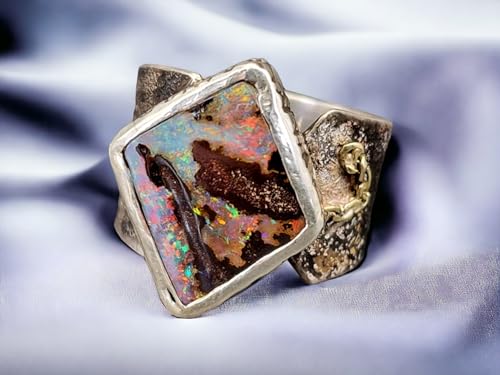 LeoLars-PABE Multicolor Boulder Opal Ring, Gr.60-61 (19,2), Antikes Design, teilgeschwärzt, Goldelement, Opal 18x14,8mm, Unikat, Handarbeit