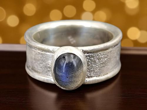 Labradorit Design Ring aus 925er Silber, Gr. 60-61(19,3), Labradorit Cabochon mit schönem rollenden blauen Farbspiel, Unikat, Handarbeit