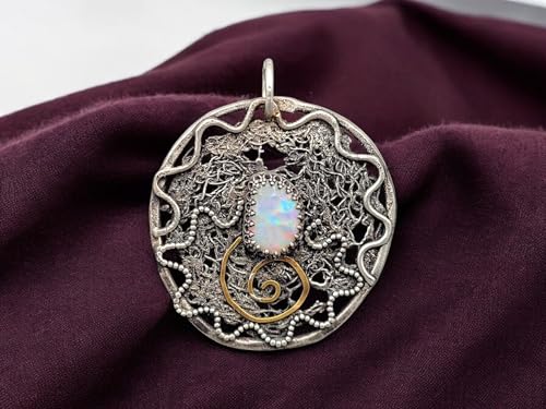 LeoLars-PABE Großer Lightning Ridge Opal Design Anhänger aus 925er Silber mit Spirale des Lebens aus Feingold, wildes organisches Filigree Muster, Unikat, Handarbeit