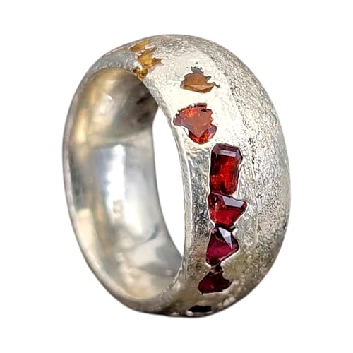 LeoLars-PABE Design Chaos Sandgus Ring, Gr.56(18), aus 925er Silber mit echten eingegossenen rotem, orangen und gelben Saphiren, halb und halb poliert und strukturiert, Nr.141, Unikat, Handarbeit