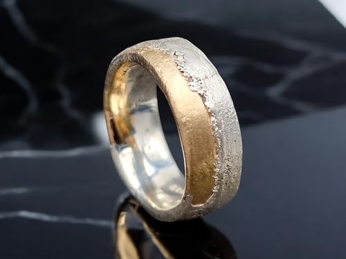 LeoLars-PABE Bicolor Sandguss Design Ring aus 925er Silber und 585er Gelbgold, angegossen, Sandguss Oberflächen Struktur, Unikat, Handarbeit, Ringgröße: 57 (18,5)