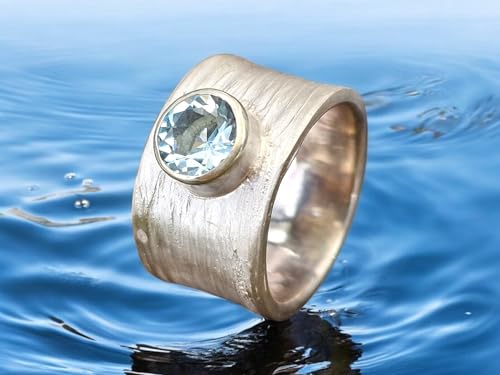 LeoLars-PABE Kräuter 420 Design Ring aus 925er Silber, mit blauem Aquamarin und echter Pflanzen Struktur, Größe 58 (18,5), Unikat, Handarbeit