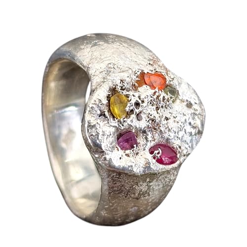 LeoLars-PABE Chaos Sandguss Design Ring in Siegelring Optik aus 925er Silber, Größe 62 (19,7), mit echten verschiedenen Saphiren, Unisex, aufgefusede Oberflächen Struktur, Nr. 137, Unikat, Handarbeit