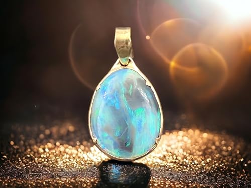 LeoLars-PABE Lightning Ridge Opal Anhänger aus 585er Gelbgold, Opal - Semi Chrystal mit blau-grünem Opalfeuer, 18,2x14,2mm, beidseitig, Unikat, Handarbeit