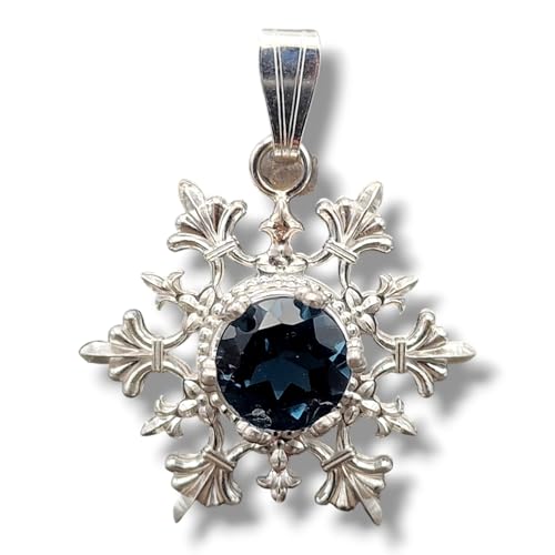 LeoLars-PABE Schneeflöckchen Design Anhänger aus 925er Silber, rund facettiertem London Blue Topas, Unikat, Handarbeit, Anhängermaße: 24,2mm x 21,1mm x 6,9mm